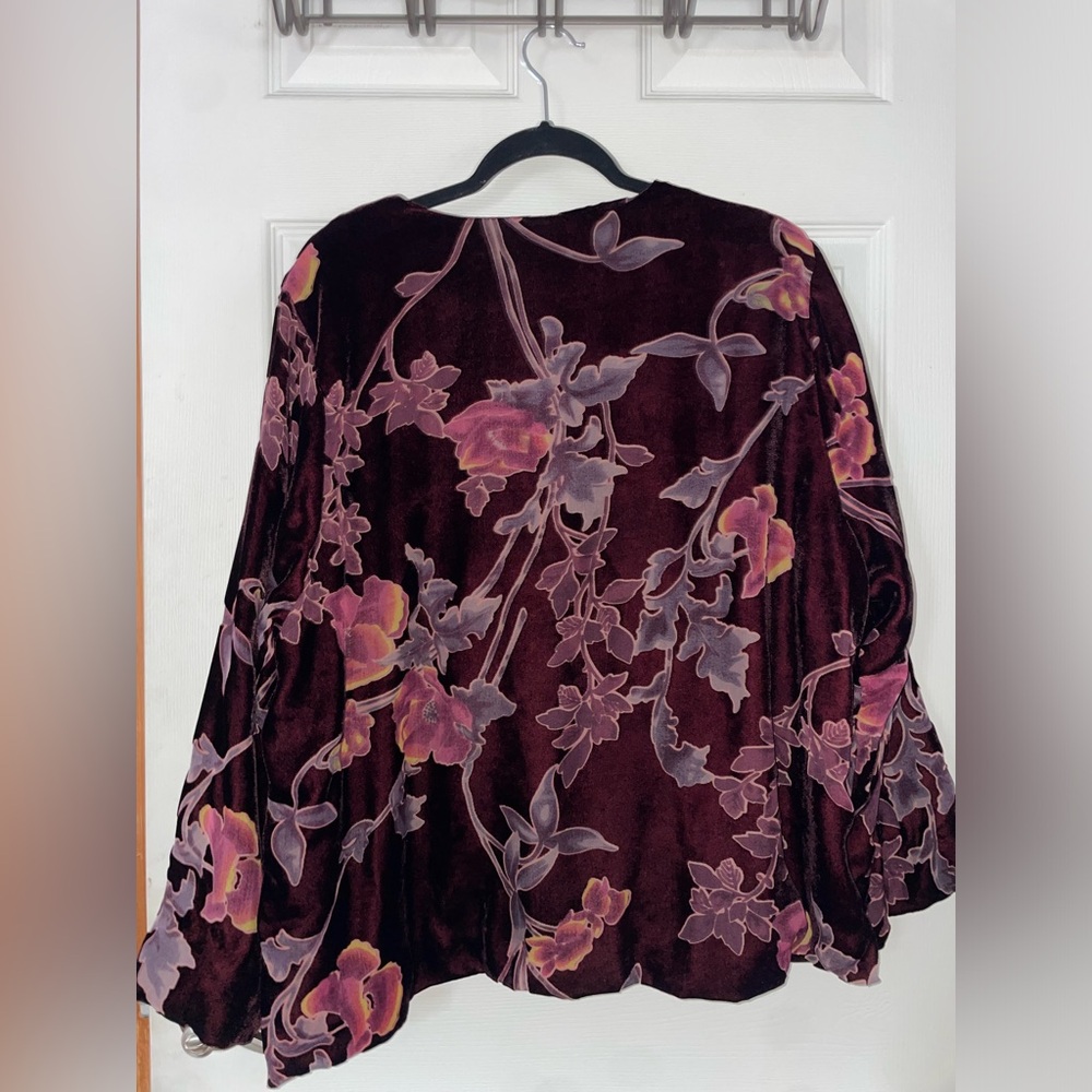 Coldwater Creek Burgundy Floral Velvet Button-Front Blouse - Picture 3 of 5